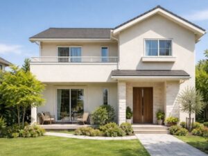 青空とアイボリーに塗り替えられた邸宅