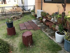 沢山の植木が並んだ住宅の外壁